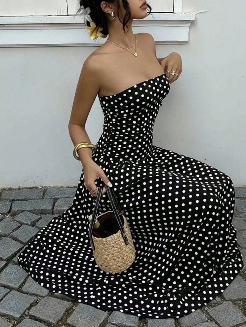 Women'S Elegant Fashion Polka Dot Print Halter Dress, Stylish Chic Sleeveless Maxi Dress for Parties and Casual Wear, Summer Fashion